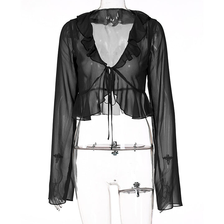 Damer Transparent Langermet Bluse med Volanger og Bindebelte Skjora