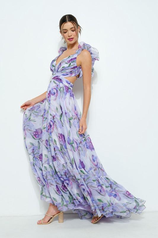 Women's maxi dress with floral ruffles and a flowing design