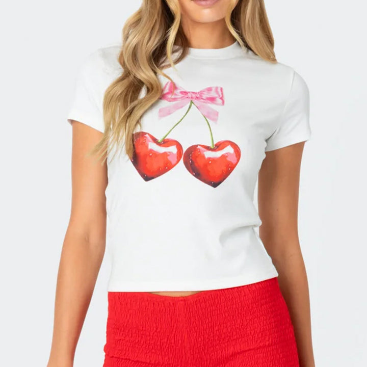 Dame avslappet cropped T-skjorte med fruktmotiv Skjora