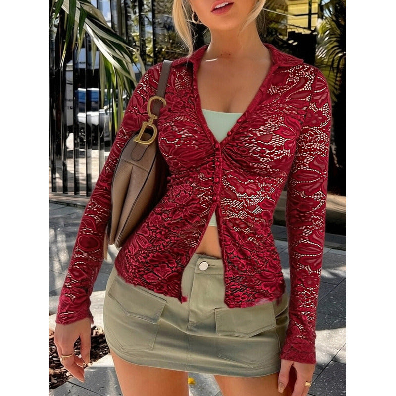 Dame Transparent spissbluse med knappeutklipp og lange ermer Skjora
