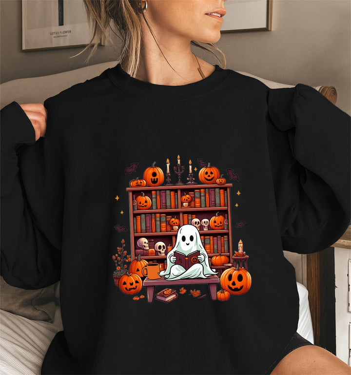 Dame sweatshirt med høstlig skremmende motiv og avslappede puffermarmer Skjora