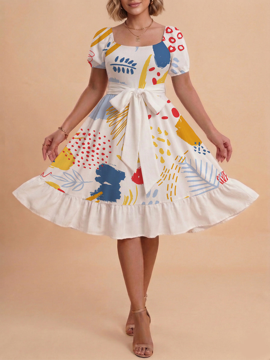 Damen Sommerkleid mit floralem Puffärmel und taillierbarem Gürtel Skjora