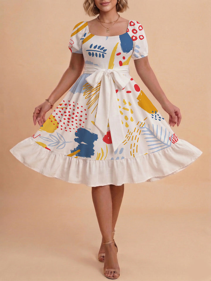 Damen Sommerkleid mit floralem Puffärmel und taillierbarem Gürtel Skjora