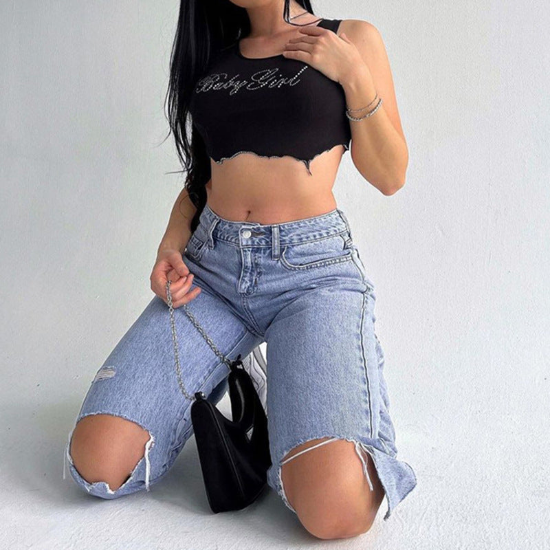 Dame Crop-Top med glitrende tekst og trendy snitt Skjora