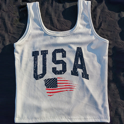 Dame ermeløs tanktop med USA-design og stripete bakstykke Skjora