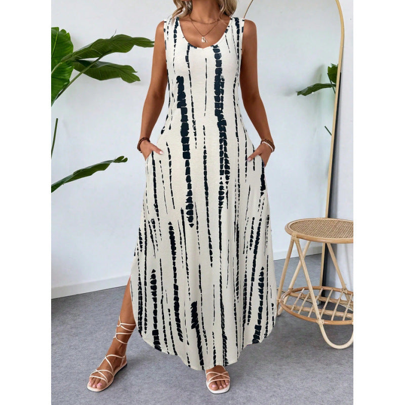 Dame maxikjole med sidelommer og moderne stripes mønster Skjora