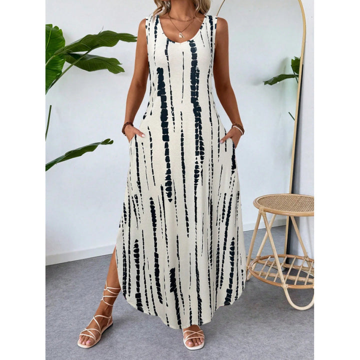 Dame maxikjole med sidelommer og moderne stripes mønster Skjora