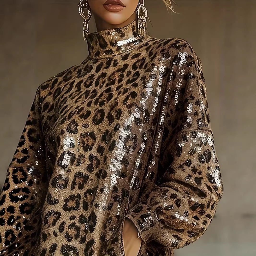 Kvinne Glitrende Kort Kjole med Leopardmønster og Frynser Skjora