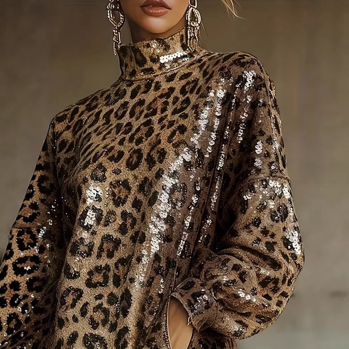Kvinnelig glitrende kort kjole med leopardmønster og frynser Skjora