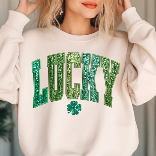 Dame uformell sweatshirt med glitrende skrift og firkløvermotiv Skjora