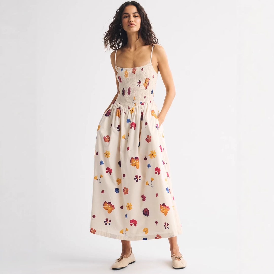 Dame Maxikjole med blomsterdesign og elastisk belte Skjora