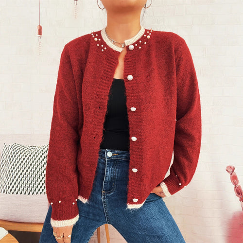 Dame elegant cardigan med dekorative knappe detaljer og perle utsmykkinger Skjora