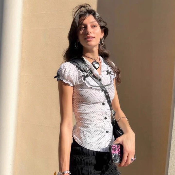 Dame Vintage Prikkete Bluse med Puffermerker Skjora