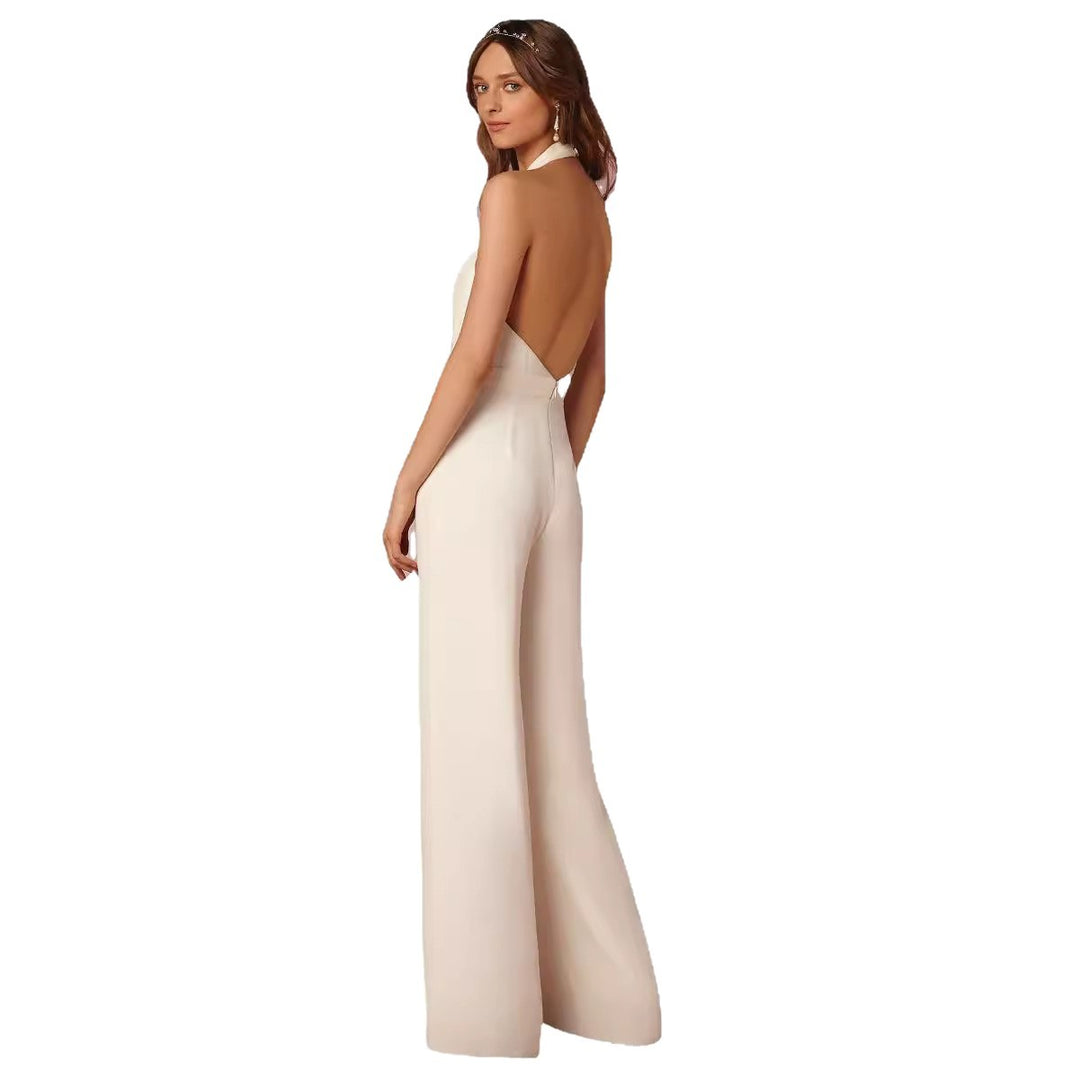 Dame elegant jumpsuit med dyp V-hals og vid bensilhuett Skjora