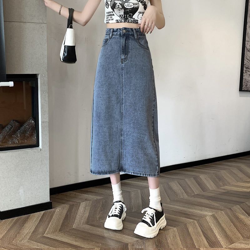 Kvinne midi denim skjørt med front splitt Skjora