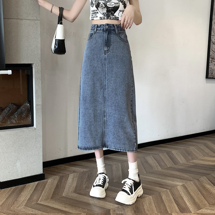 Kvinne midi denim skjørt med front splitt Skjora