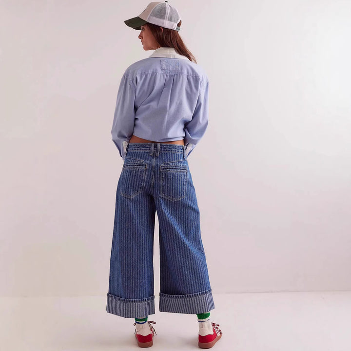Damer Elegante vidt skårne jeans med påsydd striper Skjora