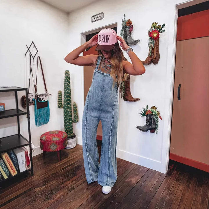 Damer denim overalls med bred ben og praktiske lommer Skjora