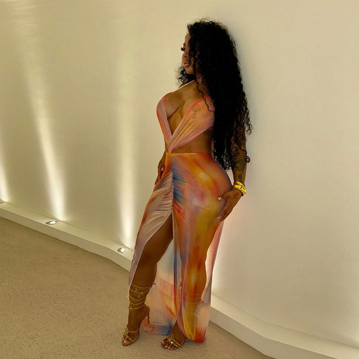 Dame Maxikjole med raffinerte draperinger og dyp split Skjora