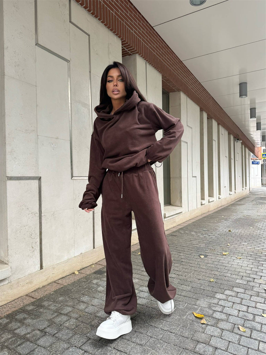 Dame Fleece Lounge Wear Set med hette og løs passform Skjora