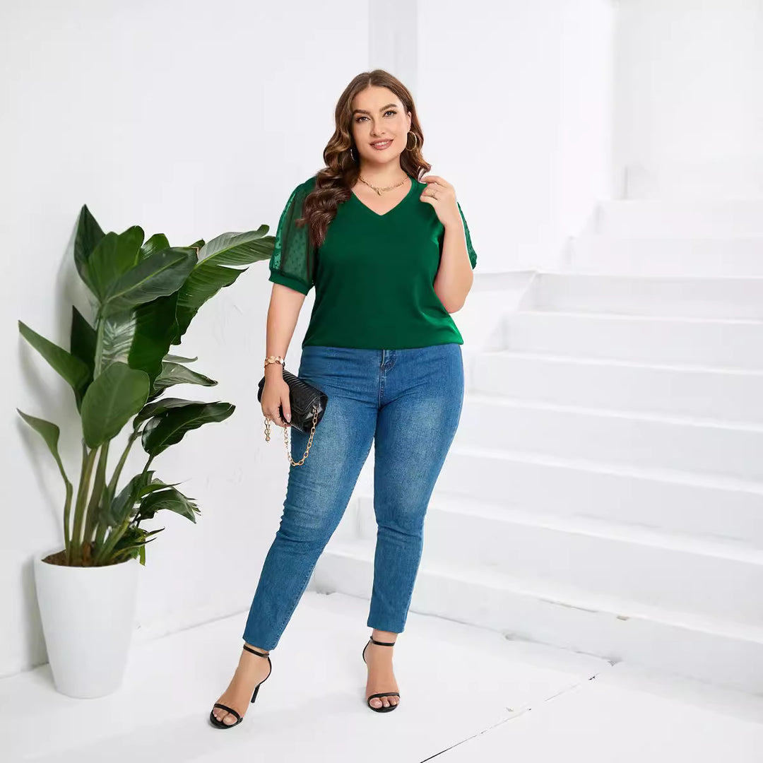 Dame elegant bluse skjorte med transparente puff ermer og V-hals Skjora