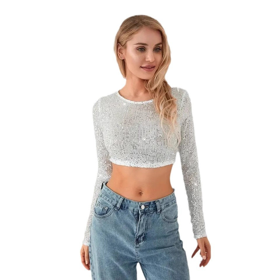 Kvinnes glitrende crop topp med lange ermer og tettsittende snitt