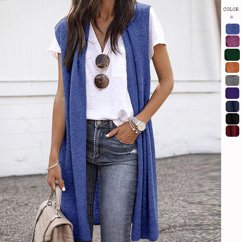 Dames Elegant Lang Strikket Vest i Uformell Stil