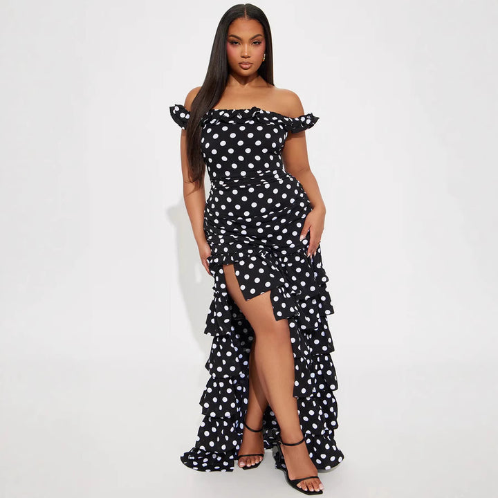 Dame Off-Shoulder Maxikjole med Volanger og spennende Slitt Skjora