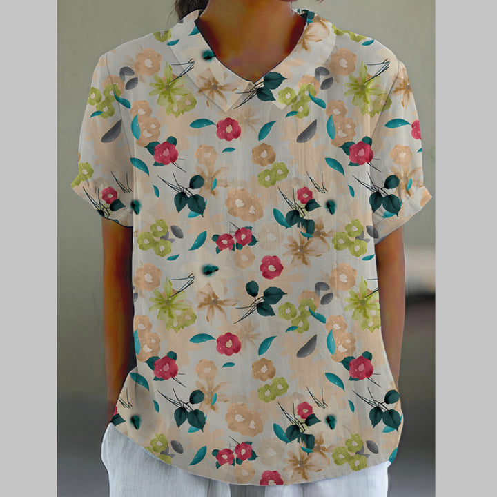 Dame kortermet bluse med florale accenter og klassisk krage Skjora