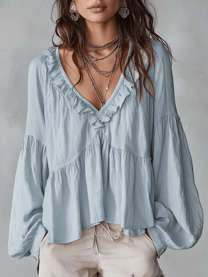 Women's Flowy Top with Ruched Detail and V-Neck Skirt