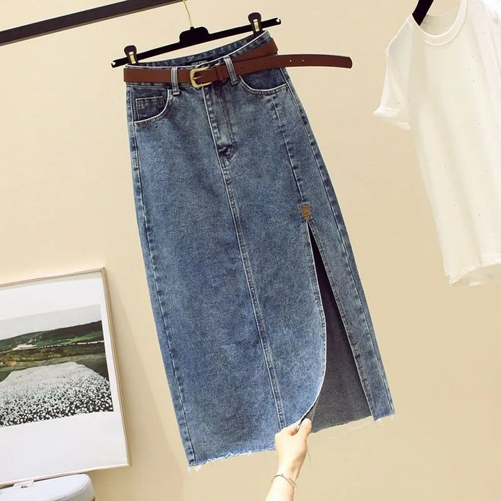 Kvinnes denim maxiskjørt med sideslitt Skjora