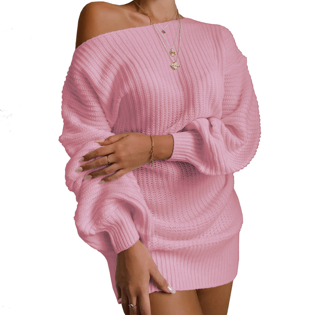 Kvinners uformelle strikket kjole med off-shoulder design og voluminøse ermer Skjora