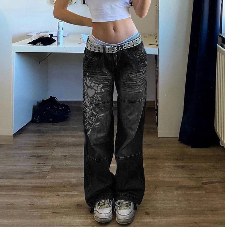 Damer baggy jeans med unikt grafisk design Skjora