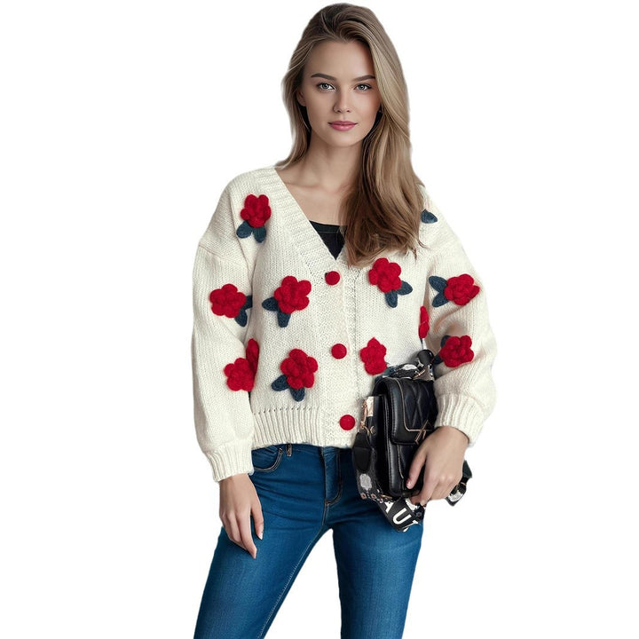 Dames kosete cardigan med blomster 3D-design og store knapper Skjora