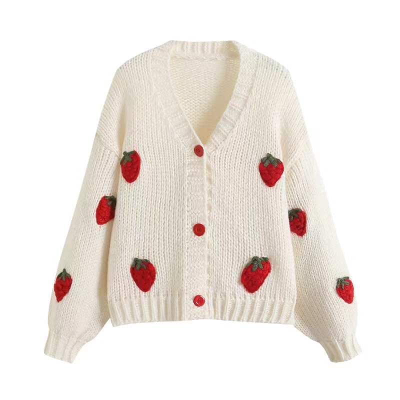 Kvinne cardigan med fruktige appliquéer og moderne knappedetaljer Skjora