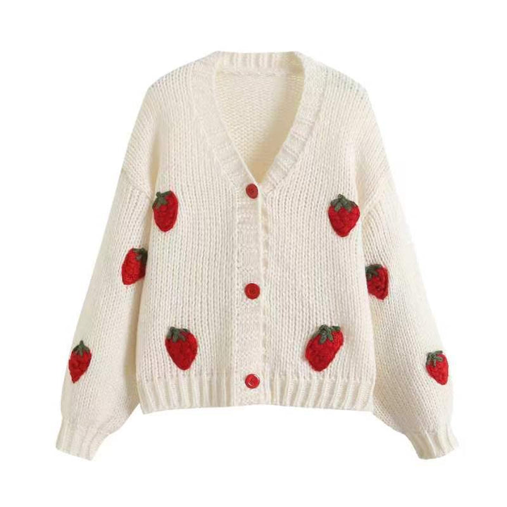Kvinne cardigan med fruktige appliquéer og moderne knappedetaljer Skjora