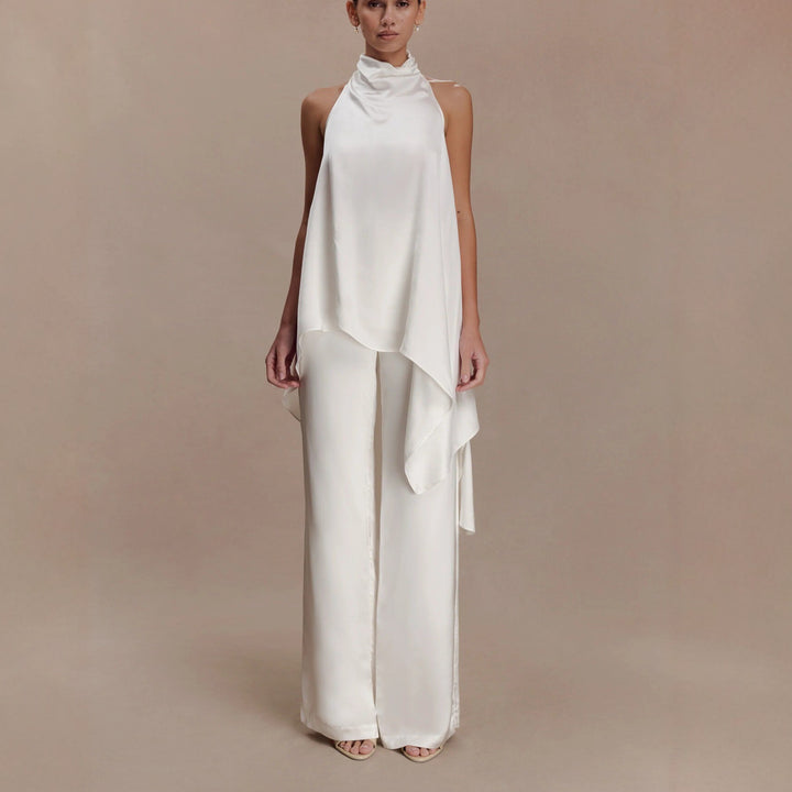 Damer elegant satinert en-deltakostyme med asymmetrisk snitt Skjora