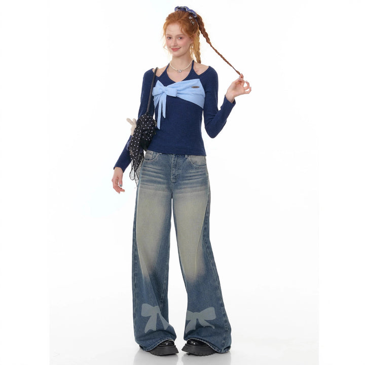 Damen Bredde Denim-Bukser med spennende Sløyfe-detaljer Skjora