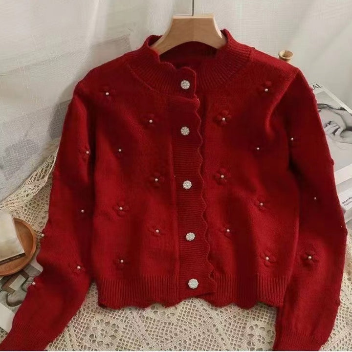 Kvinnenes koselige cardigan med blomsterapplikasjoner Skjora