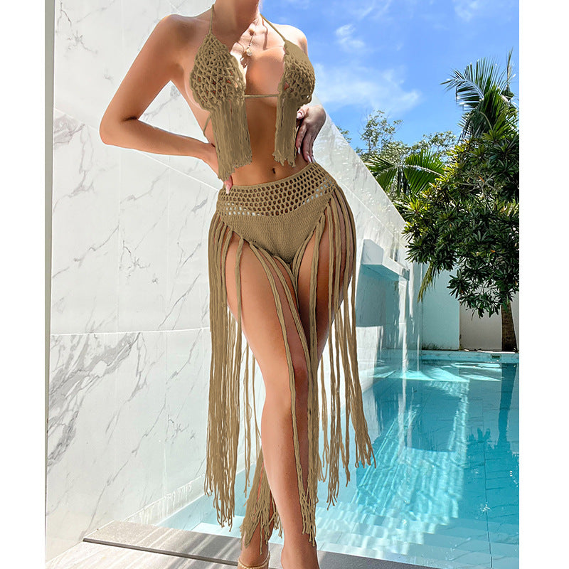 Damen Häkel-Bikini-Set mit fransigen Details und reizvoller Lochstruktur Skjora
