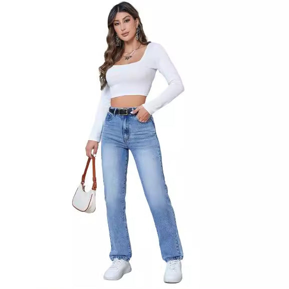 Damer høyde midje jeans i moderne straight-leg snitt Skjora