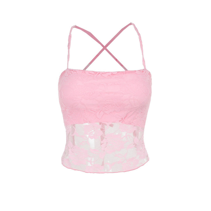 Dame spissblonde crop topp med justerbare spaghetti-stropper og blomsterdesign Skjora