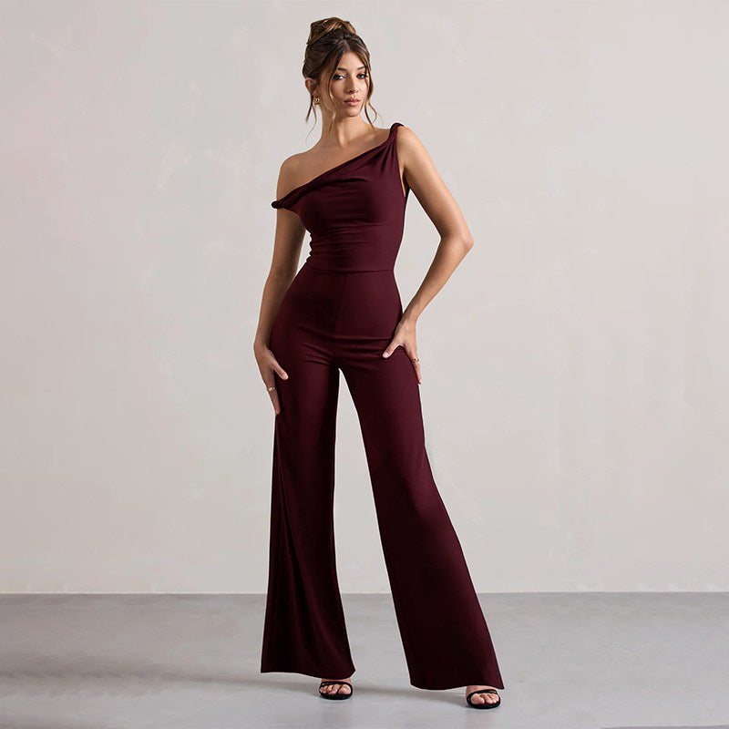 Dame off-shoulder jumpsuit med vide ben og elastisk topp Skjora