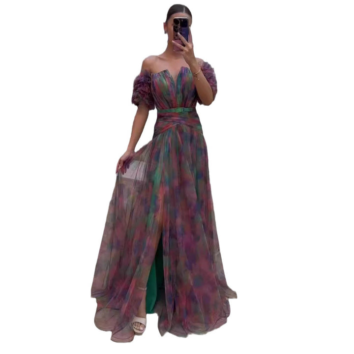 Damer Elegant Maxi Kjole med Av-Skuldre Design og Fargerike Volanger Detaljer