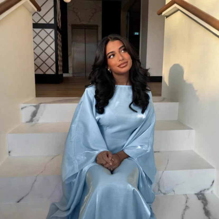 Damer Glamorous Satin Maxi Kjole med Bred Belte og Elegante Ermer Skjora