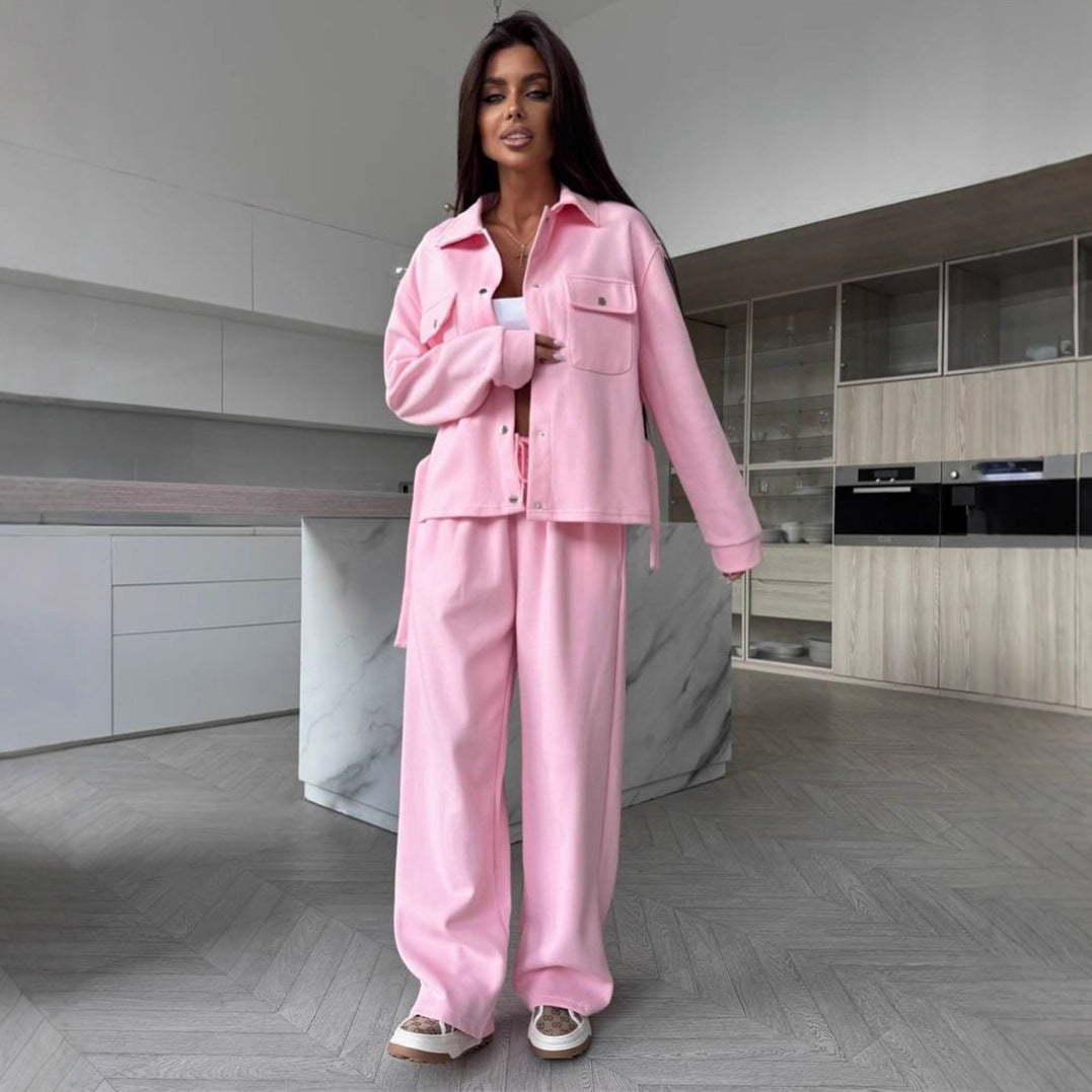 Dame Elegant Loungewear Sett med Casual Jakke og Vide Bukser Skjora