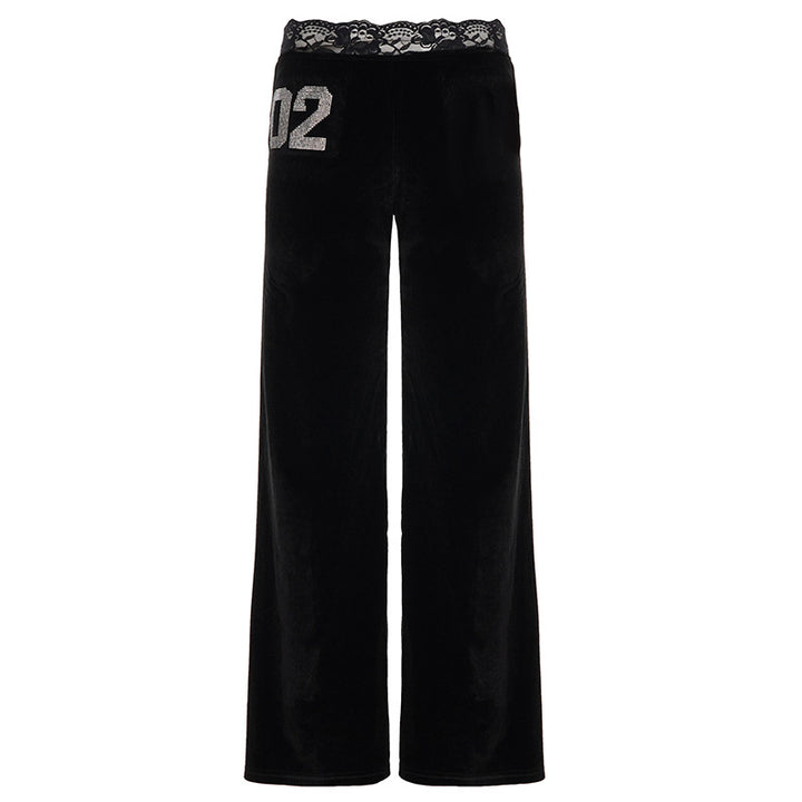 Dame loose Velvet-palazzo-bukse med blonder Skjora