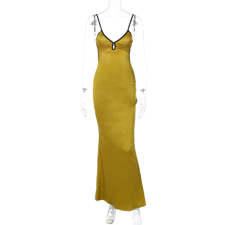 Damer Elegant Sateng Maxi Kjole med justerbare spaghetti stropper og dyp V-hals Skjora
