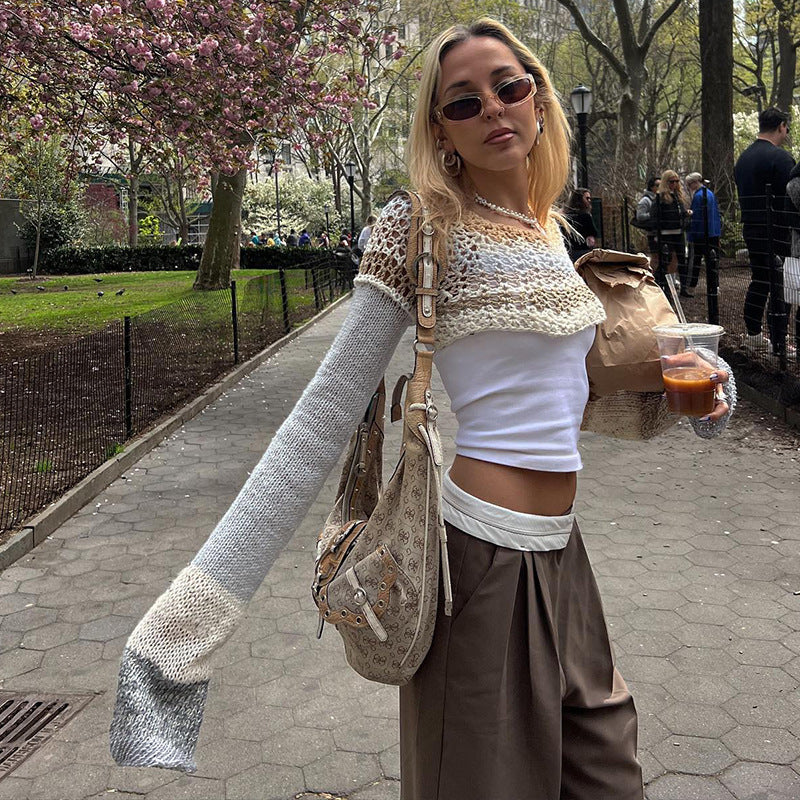 Damer heklede crop-top med lange ermer og fargerike striper Skjora