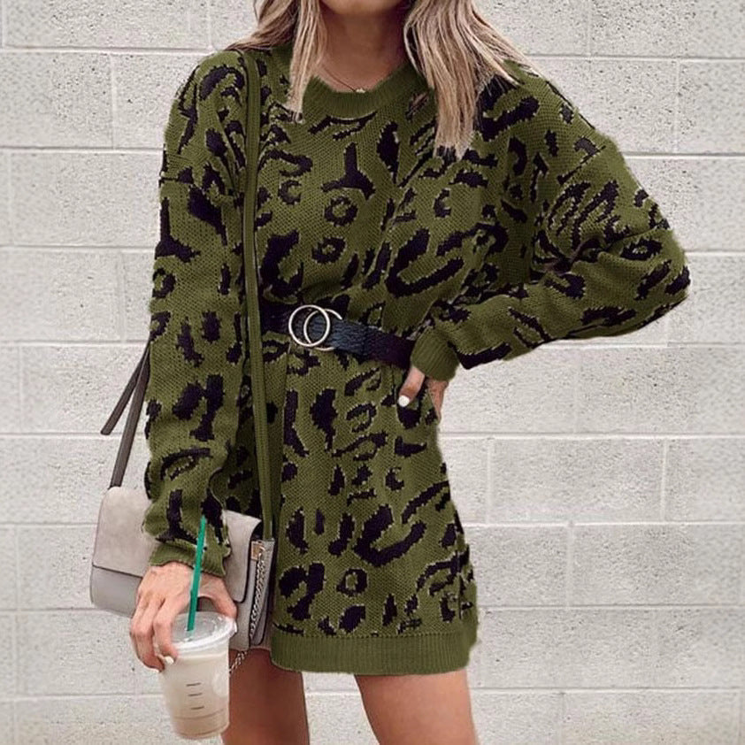 Damer Oversized Strikkekjole med Dyremotiv og Motetrend Belte Skjora